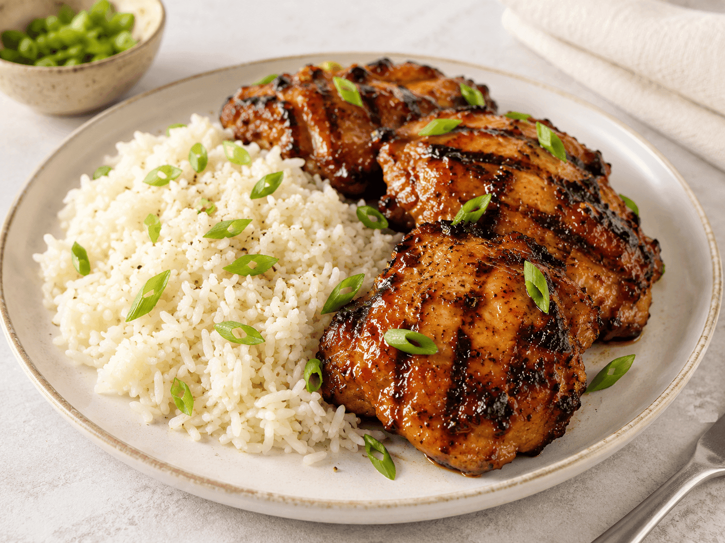 Shoyu chicken with white rice on a plate