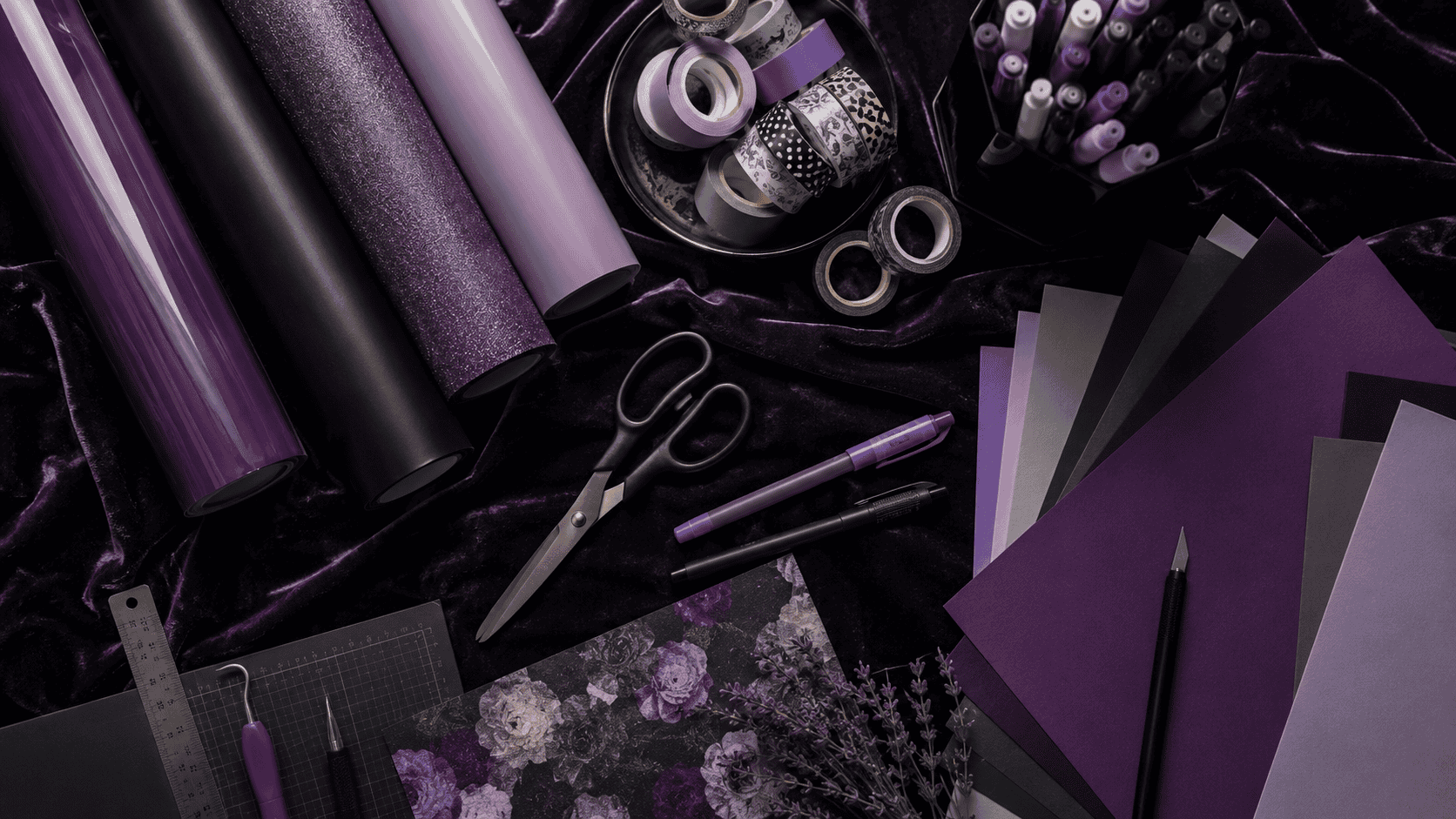 Crafting supplies on dark velvet